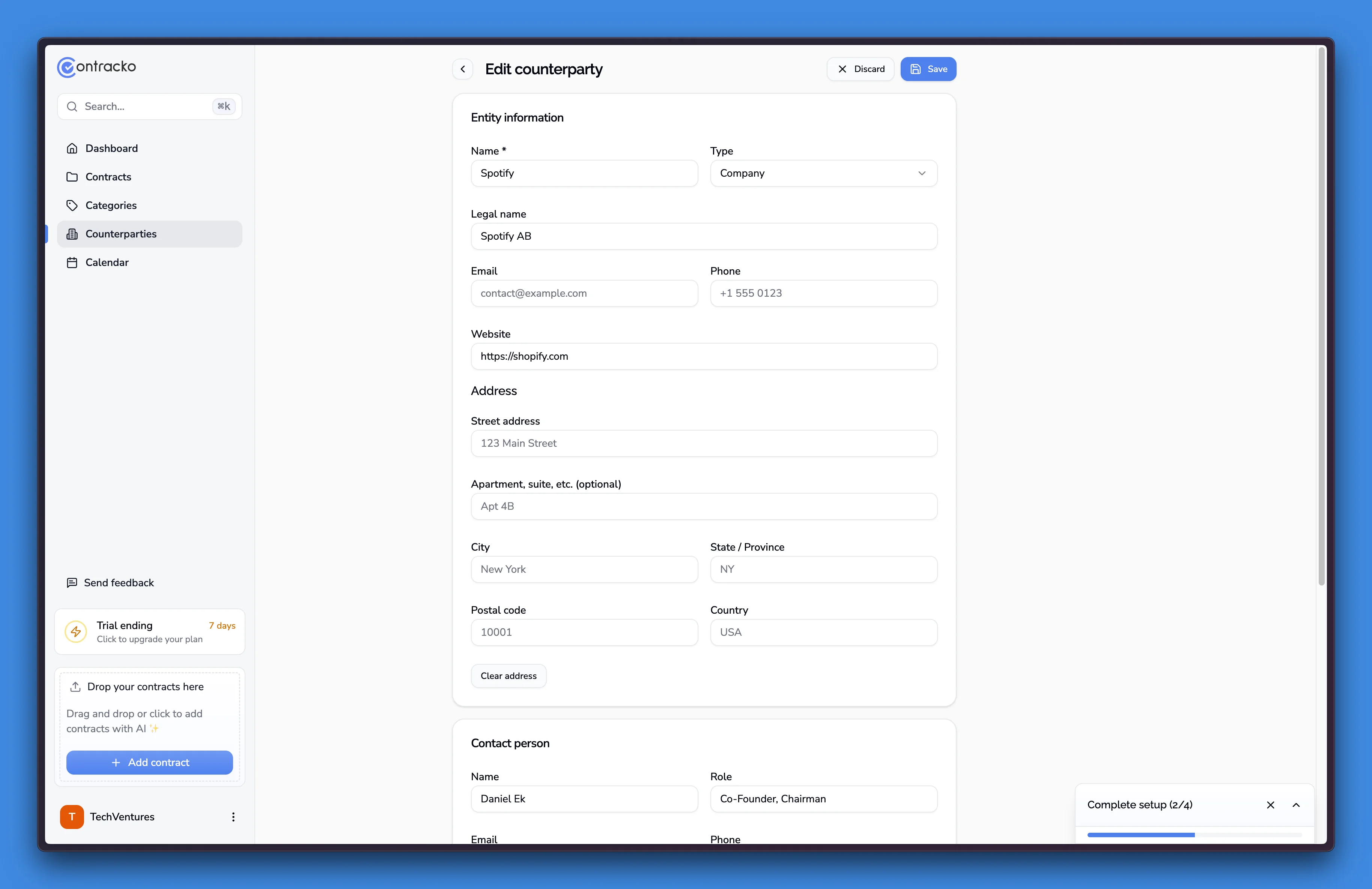 Counterparty details form with all fields