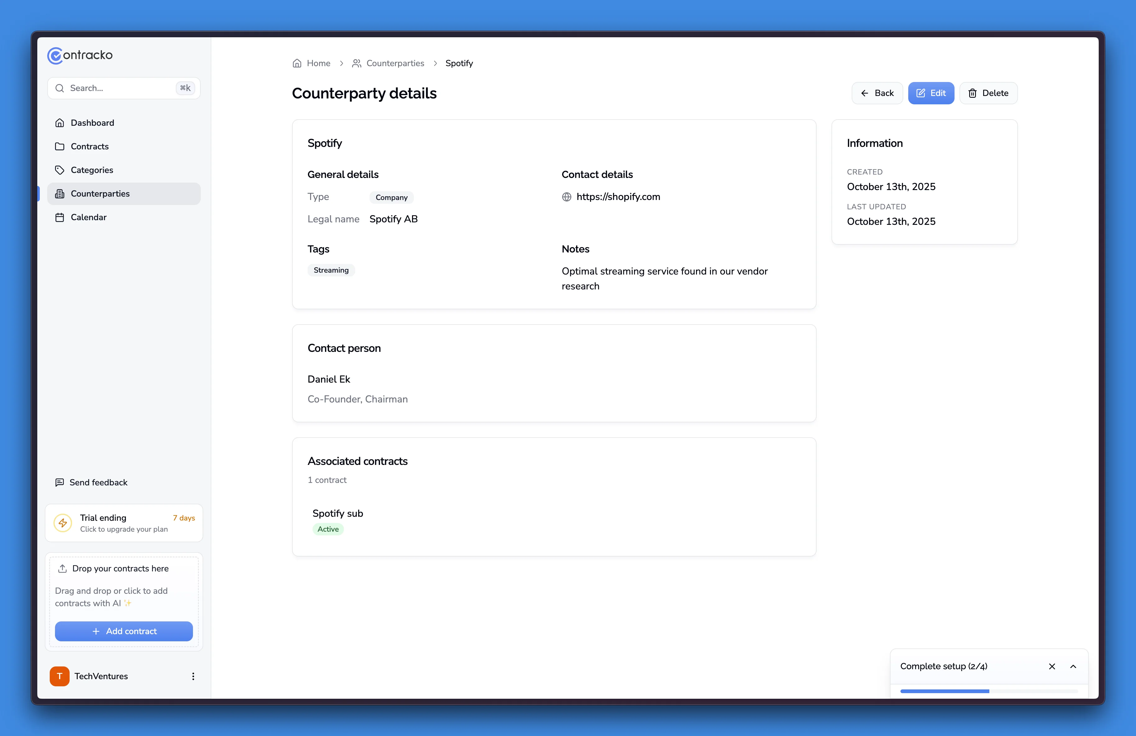 Completed counterparty record with example data