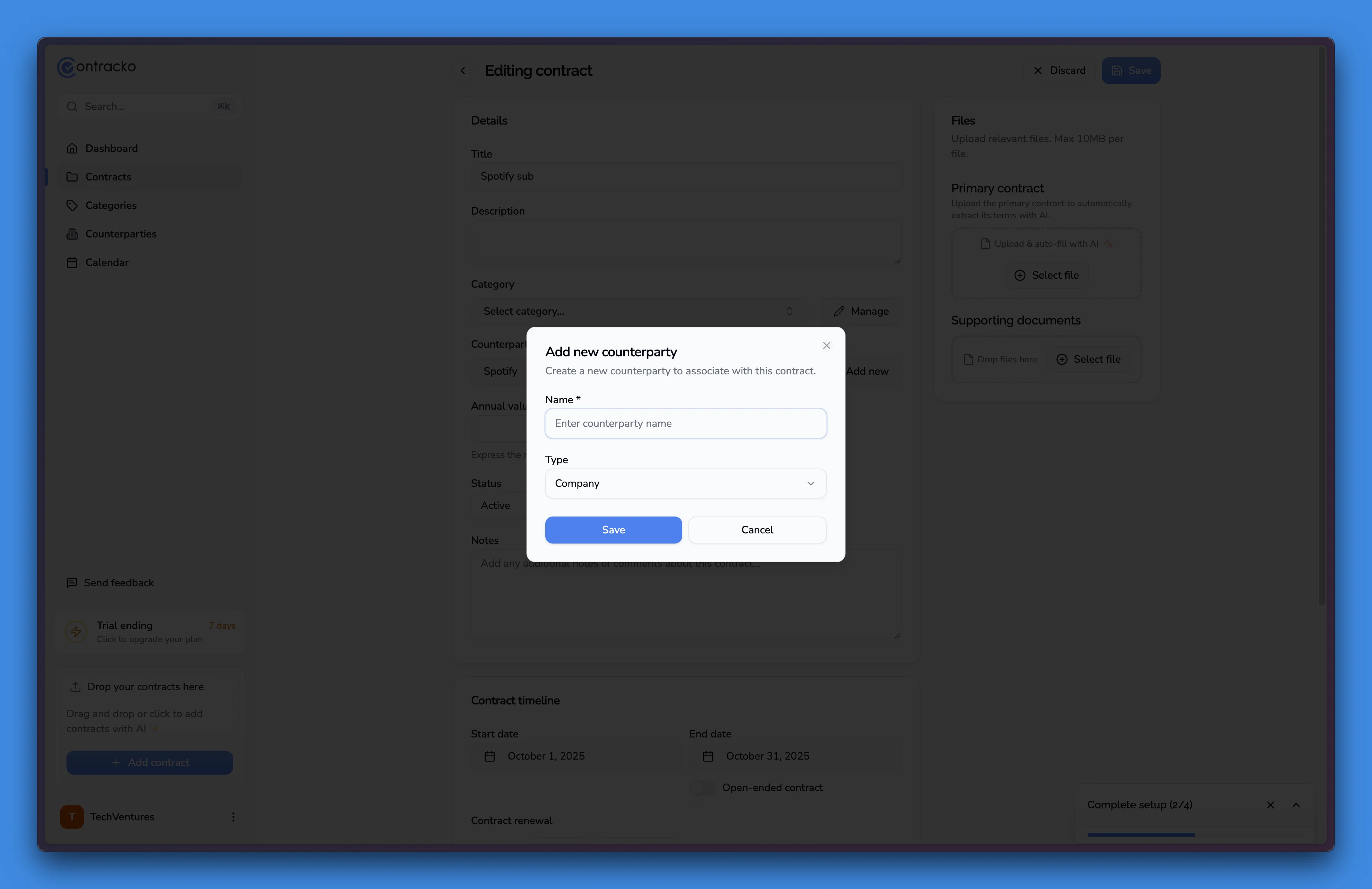 Counterparty field in contract editor with type dropdown