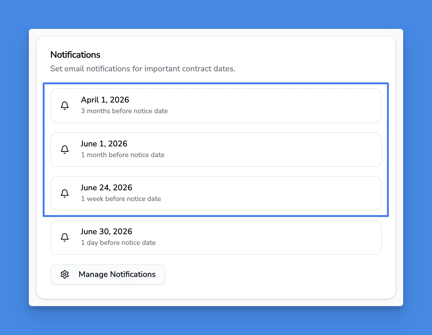 Contract editor showing notice date with three default relative notifications