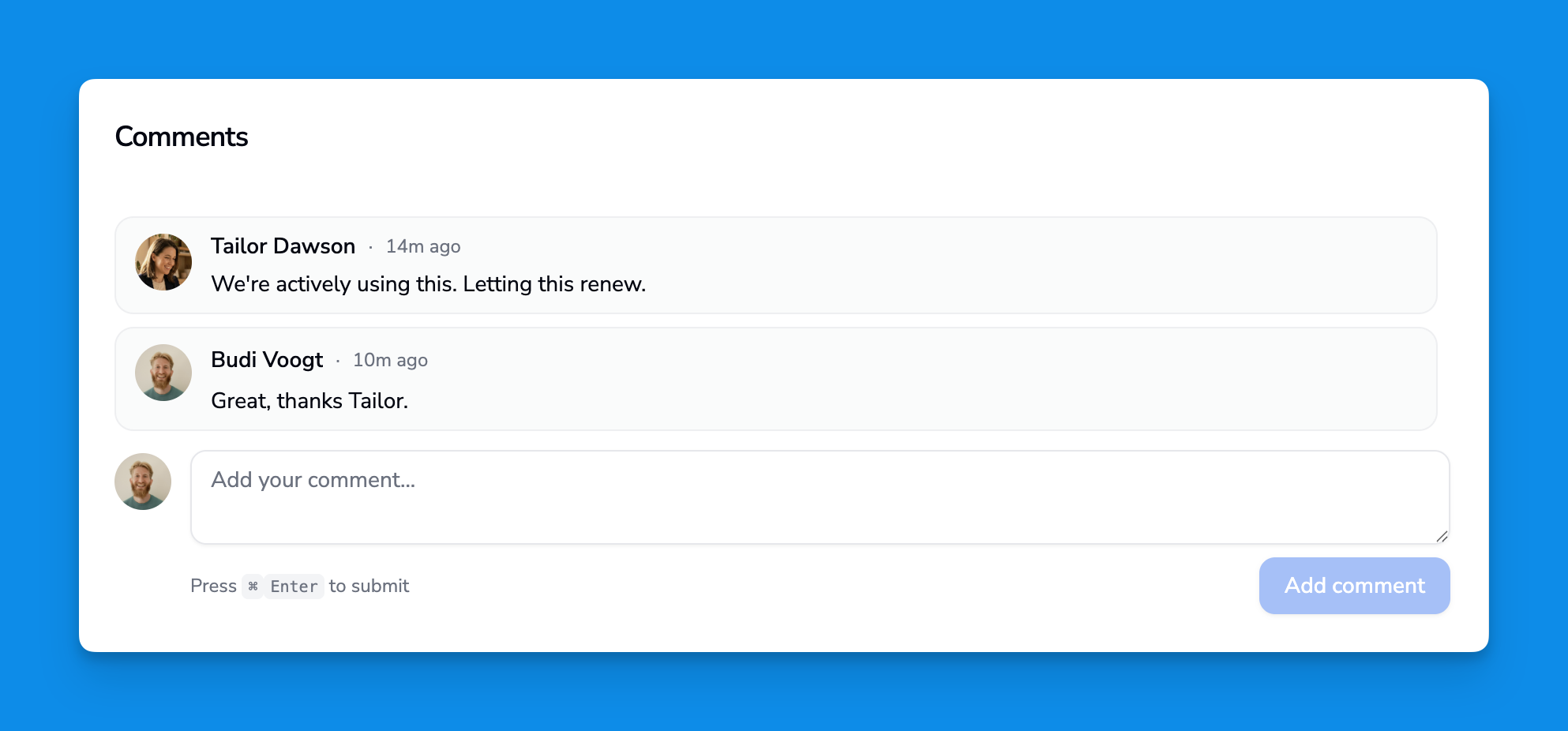 Comments section on a contract with team discussion
