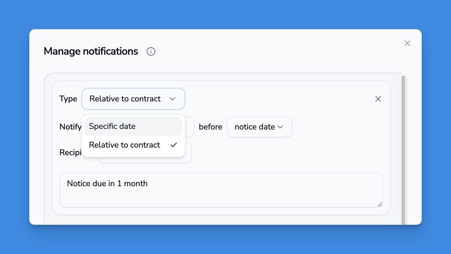 Notification setup showing recipient assignment