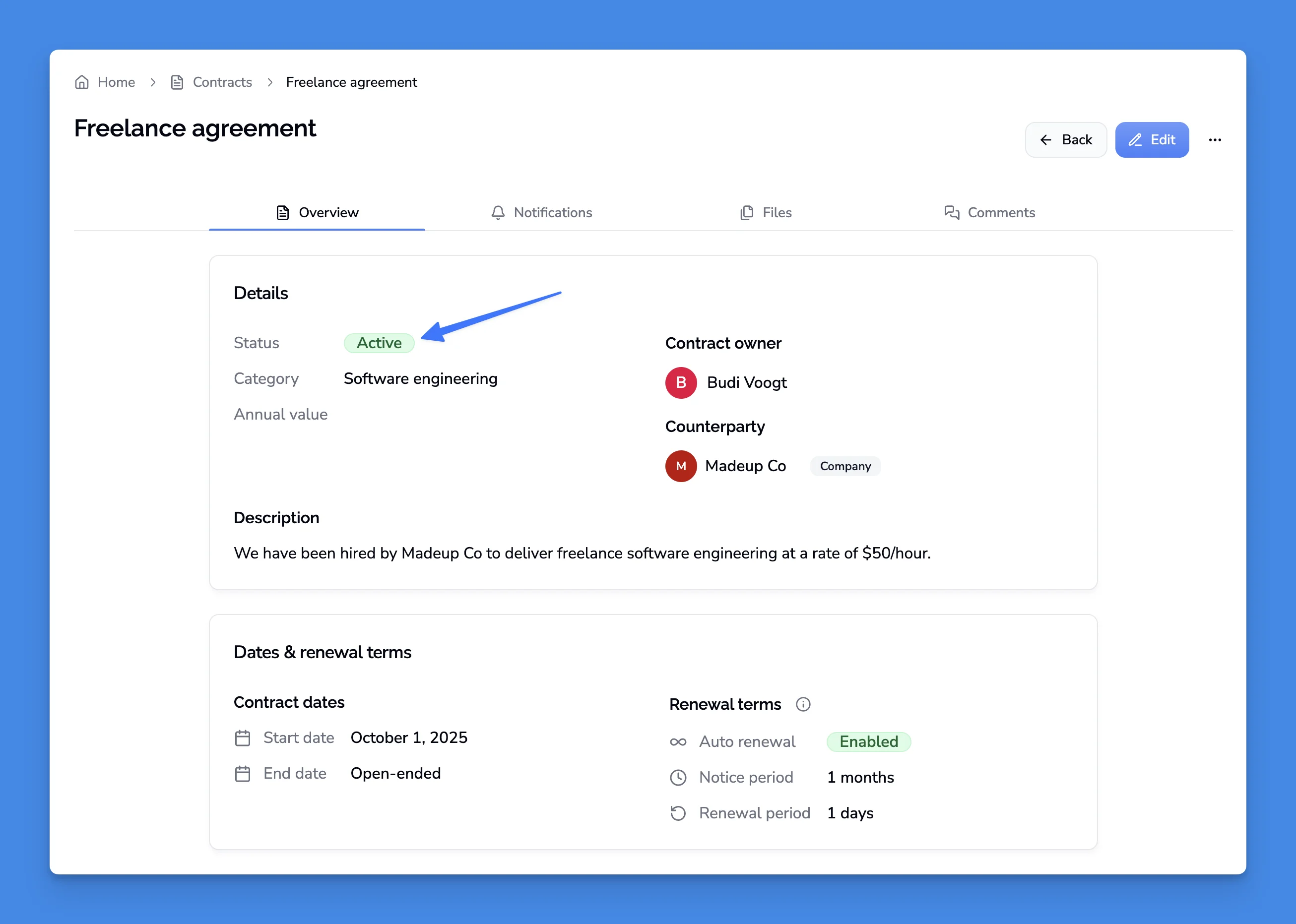 Active contract status showing auto-renewal enabled