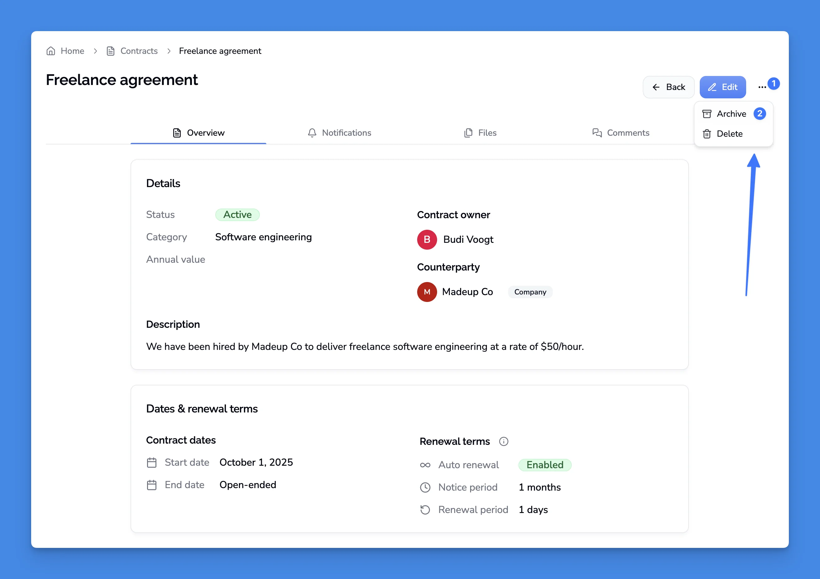 Archive contract button in contract actions menu
