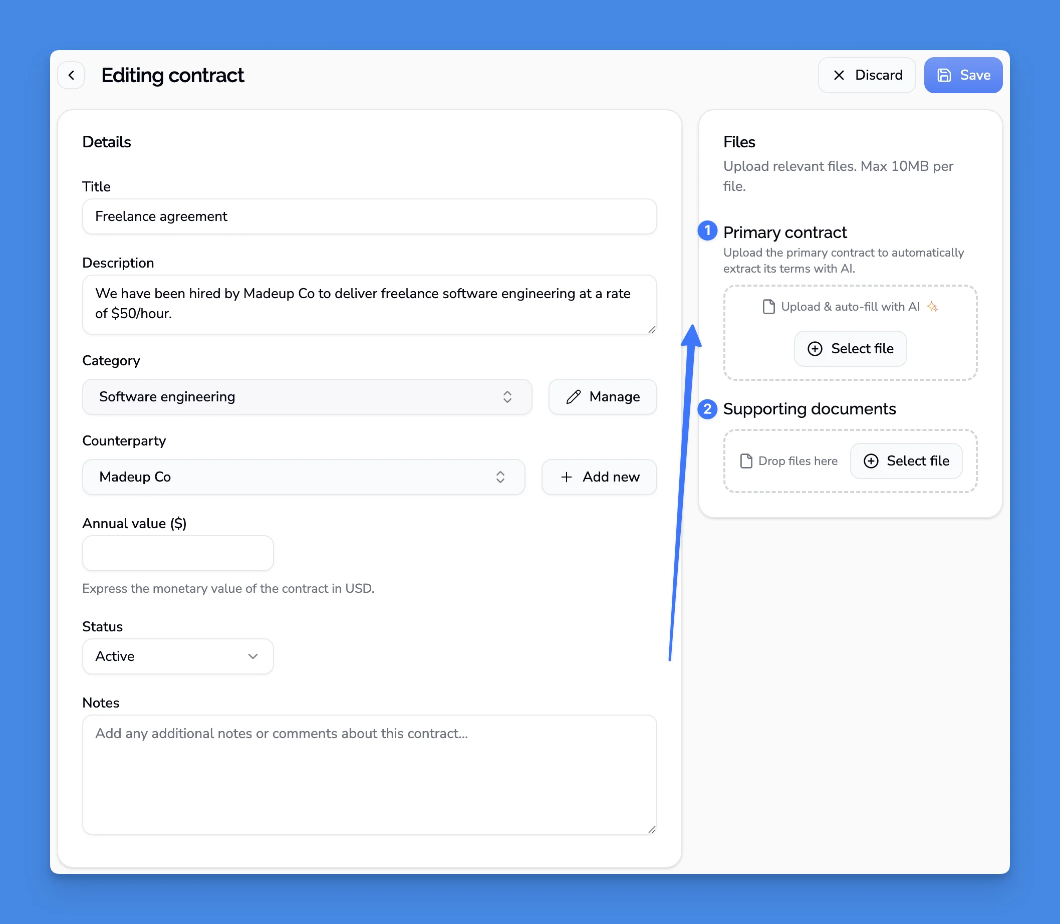 Contract files section showing primary and additional documents