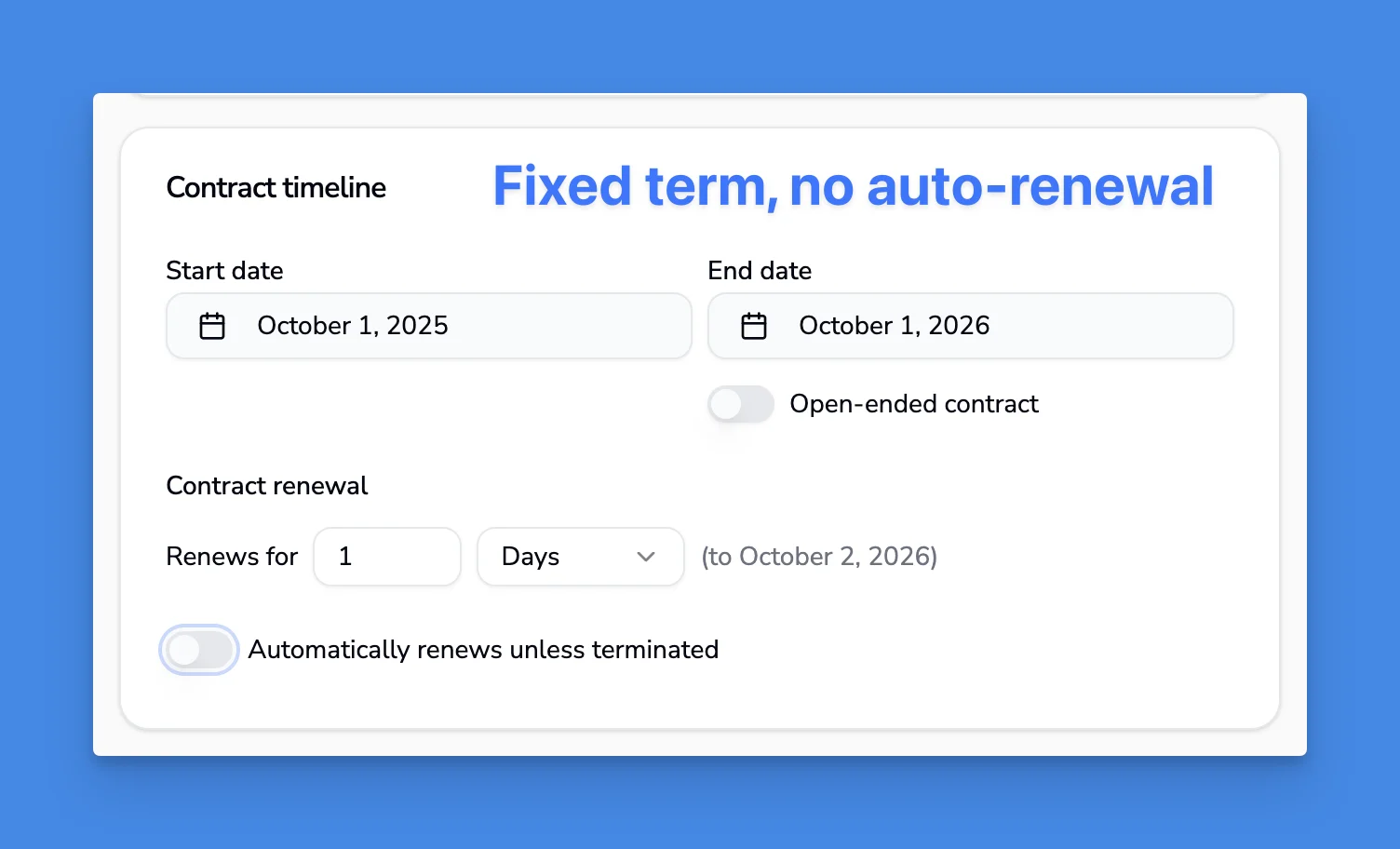 Contract editor showing auto-renewal toggle and end date