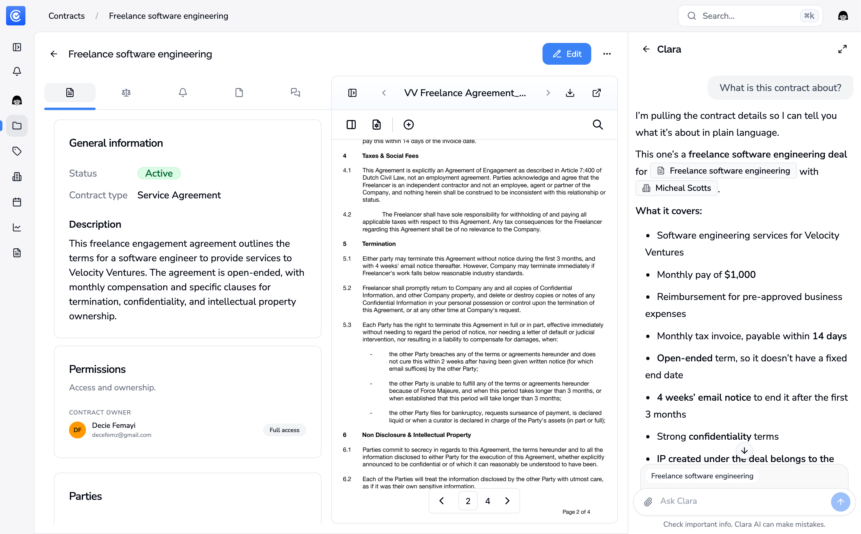 Clara AI-sidebar geopend vanuit een contractpagina met contextuele prompts klaar voor gebruik