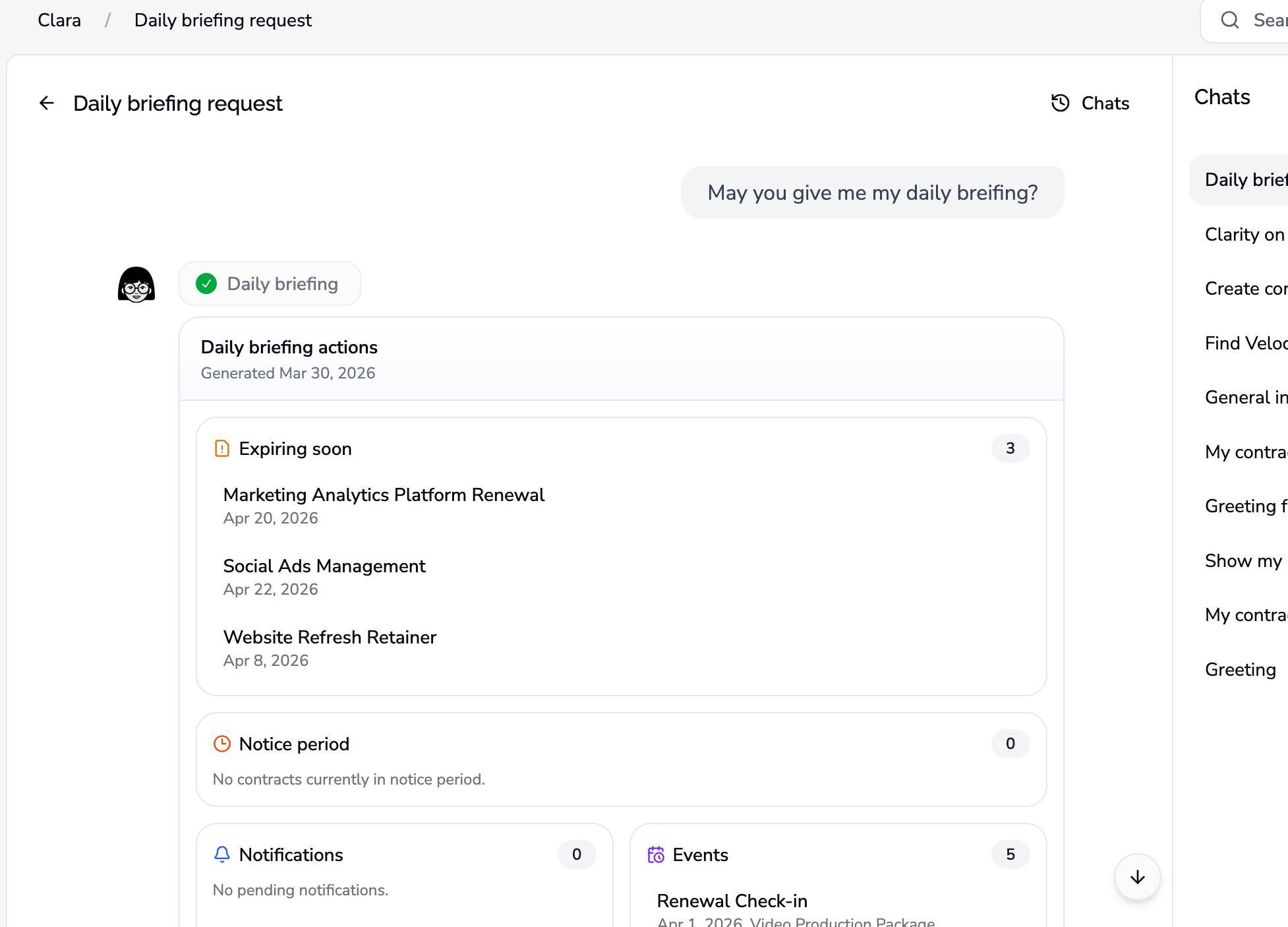 Clara AI dagelijkse briefing met aankomende contractevents en prioritaire acties