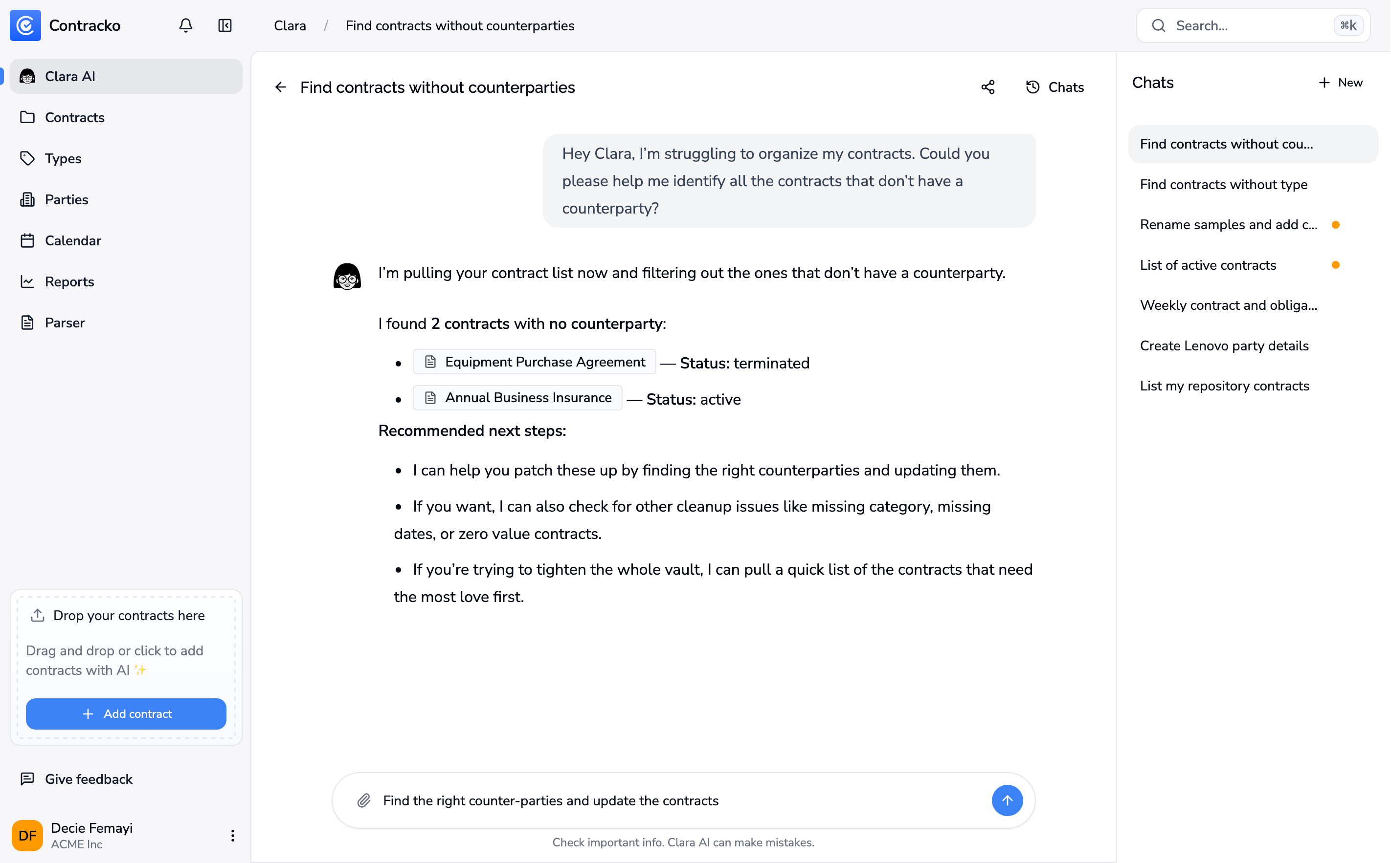 Clara AI-startscherm in Contracko met chatsuggesties en contractworkflows